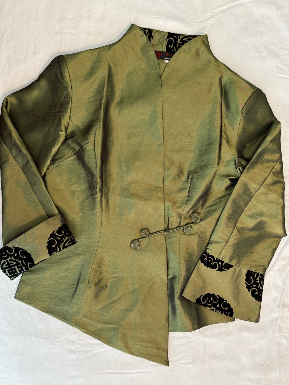 Olive Green Mandarin Collar Silk Jacket with Black Velvet Trim